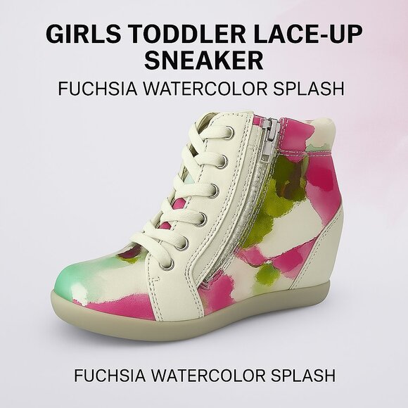 Girls Toddler Lace-Up Cute Flat Sneakers – Fuchsia Watercolor Splash Side Zipper - Picture 1 of 8